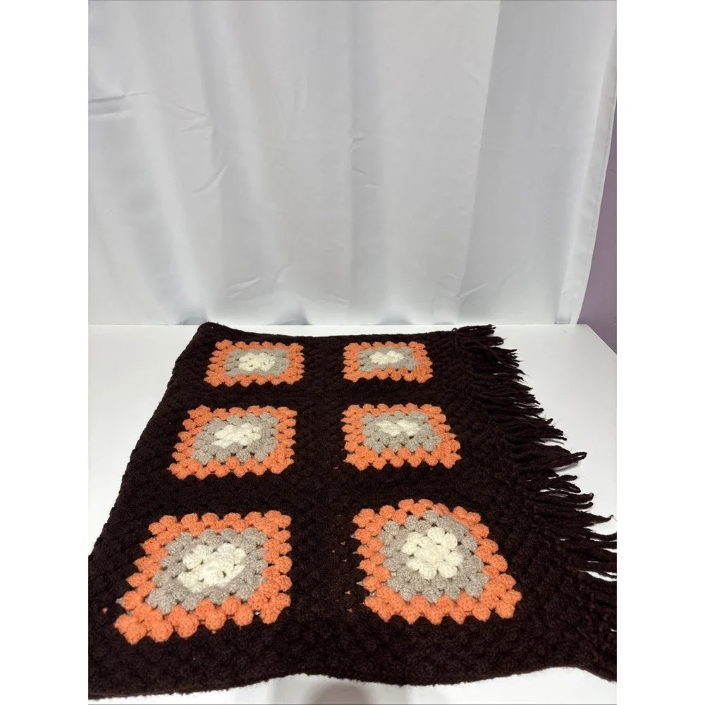 Vtg‎ Handmade Crochet Granny Square Afghan Blanket Throw Orange Brown 46X27